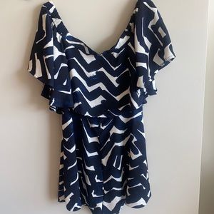 off the shoulder navy and white romper
